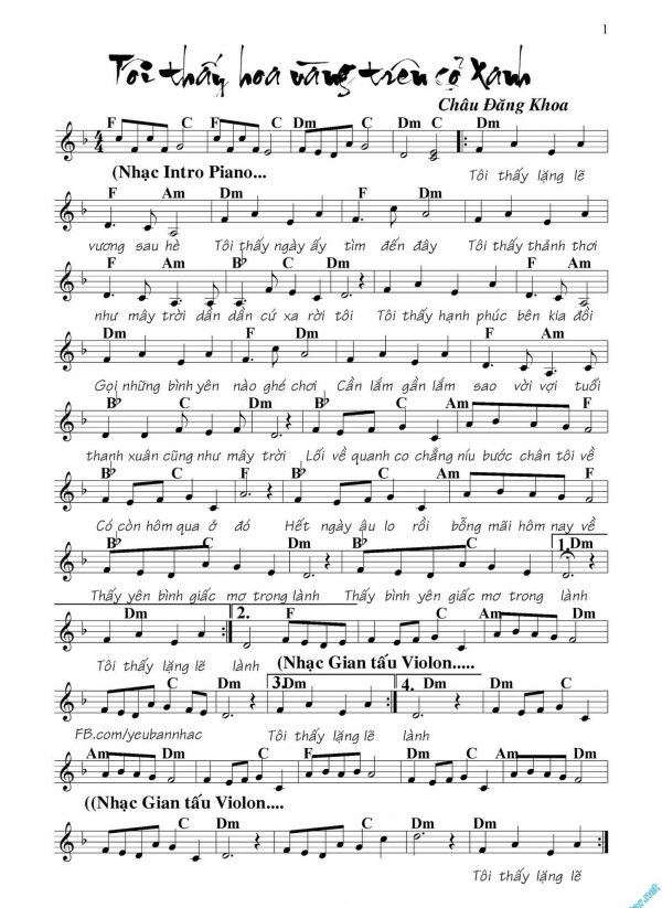 Sheet nhạc piano bài hát “Tôi thấy hoa vàng trên cỏ xanh”