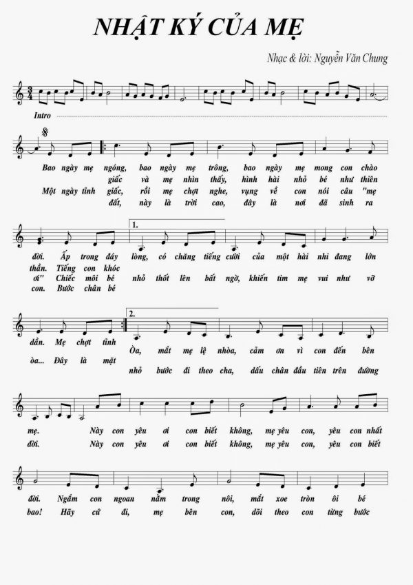 Sheet nhạc piano bài hát “Nhật ký của mẹ”
