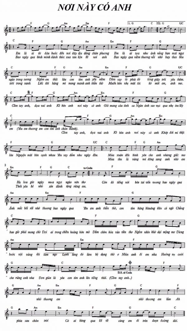 Sheet nhạc piano bài hát “Nơi này có anh”